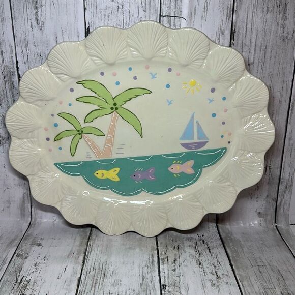 Ceramic Plate Palm Trees Fish Tropical Scene Shells On Edges Fishline - Picture 1 of 8